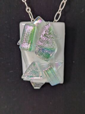 White fused + iridescent glass aurora Pin/Pendant SP 20" chain 11/4" x 1 3/4"